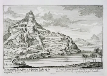 Az Athosz-hegy kolosszusa, Makedónia, Deinokratésznek, Nagy Sándor építészének terve, 18. tábla az „Entwurf einer historischen Architektur” című műből, Johann Adam Delsenbach metszete (1687-1)